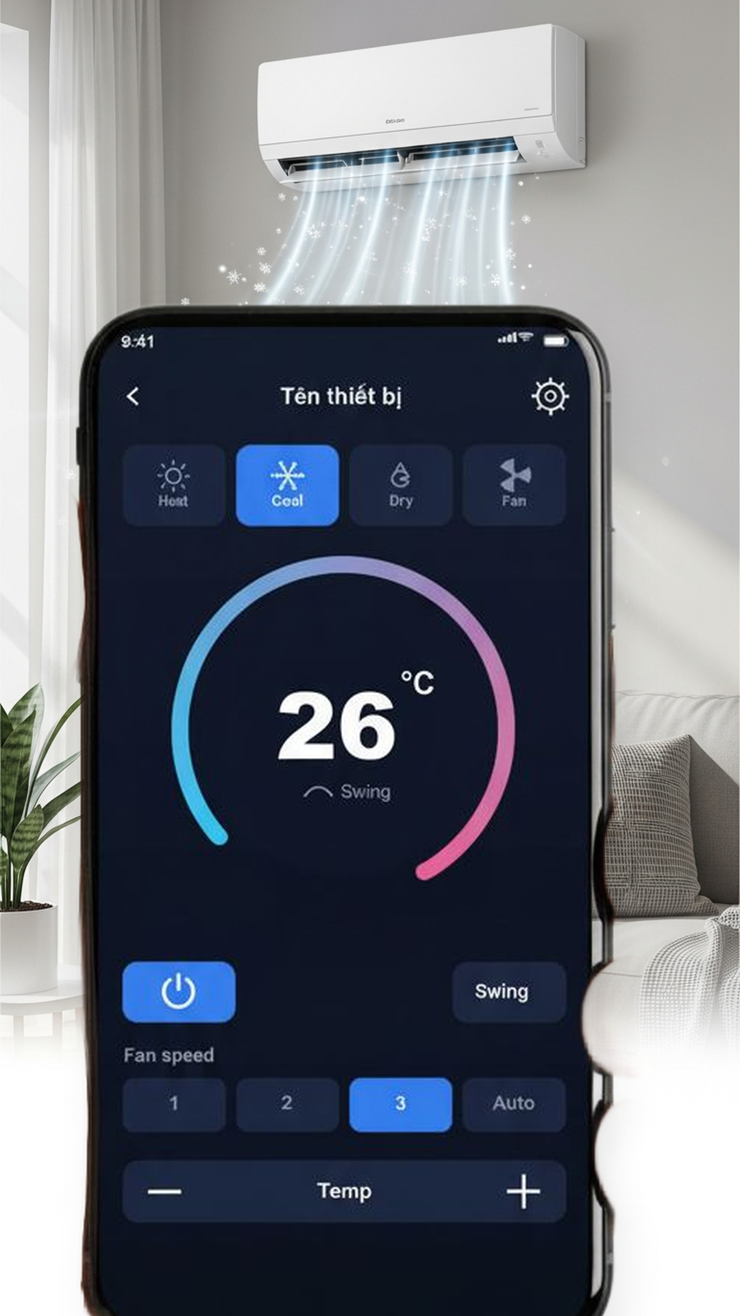 AC control screen with temperature dial